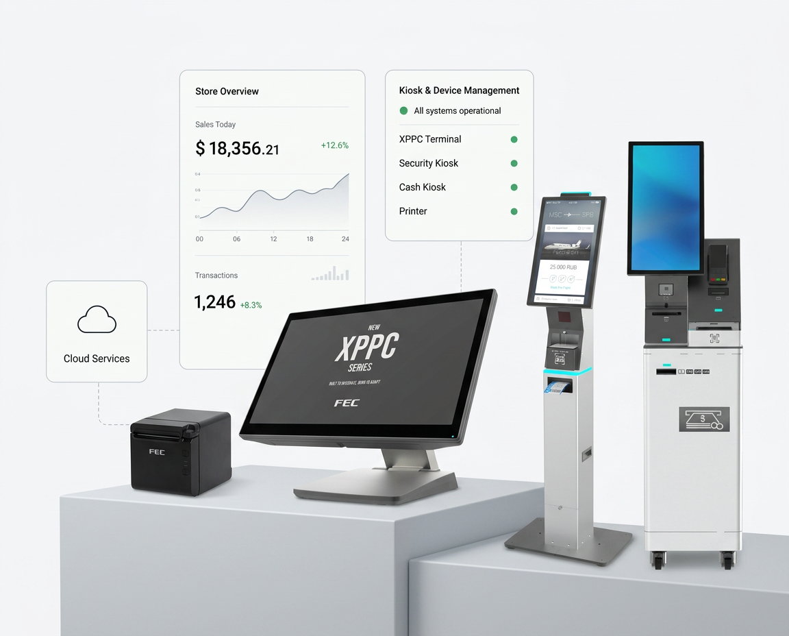FEC smart terminal application scenarios: hotel self check-in, retail and F&B checkout counter, kitchen display system, airport self check-in