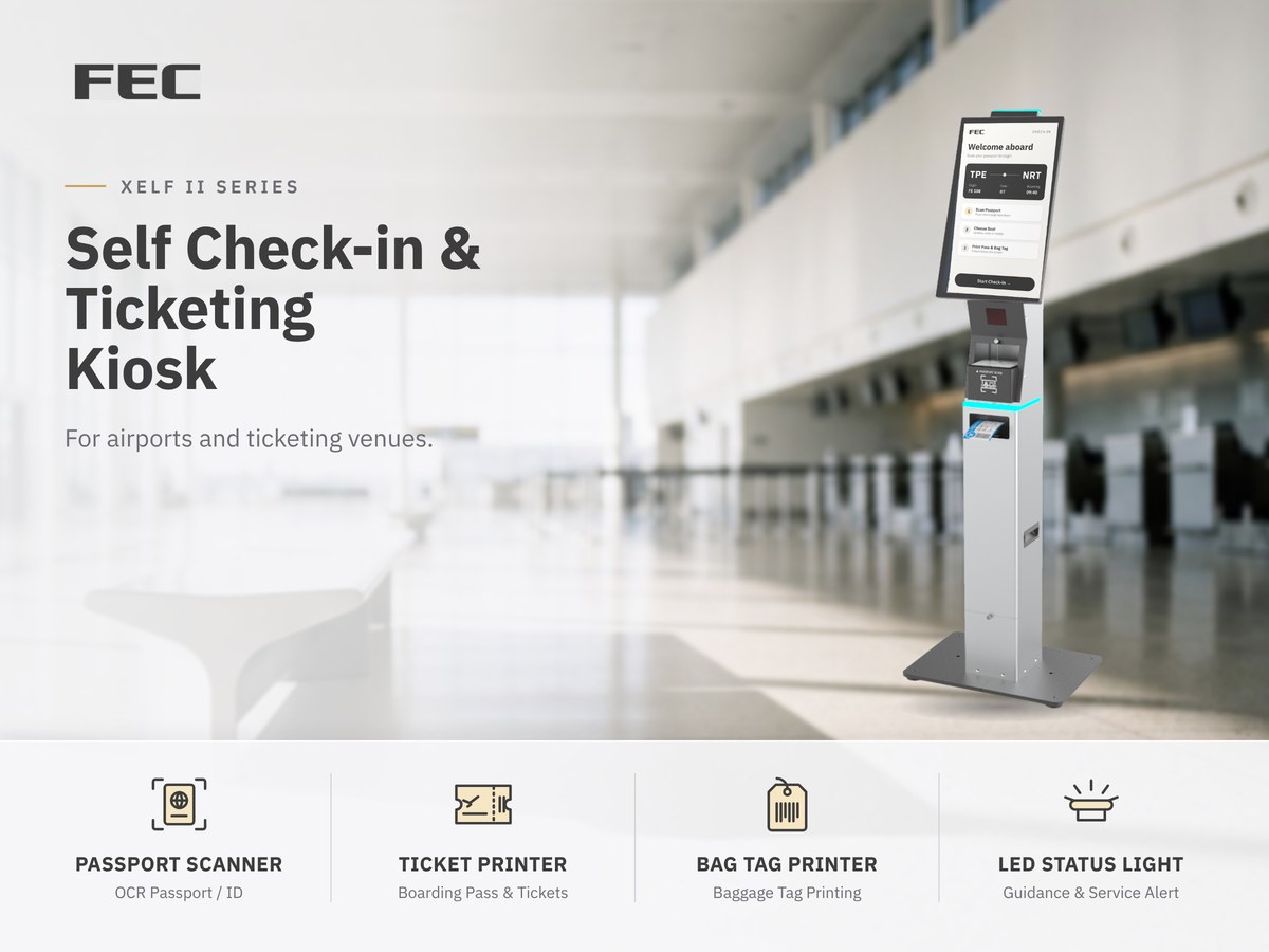 XELF II floor-standing self check-in and ticketing kiosk in an airport terminal