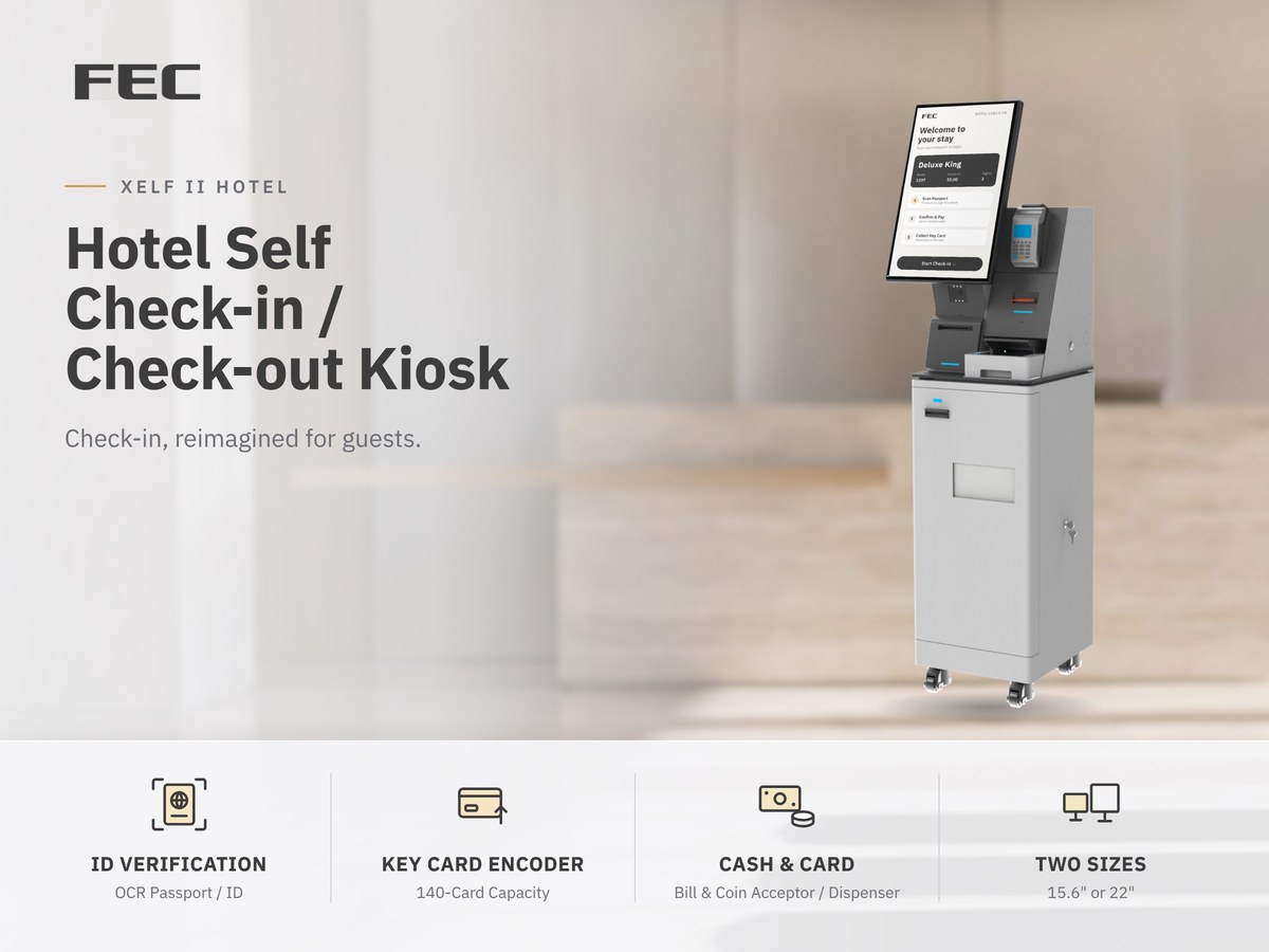 XELF II Hotel self check-in kiosk with side cabinet in a hotel lobby