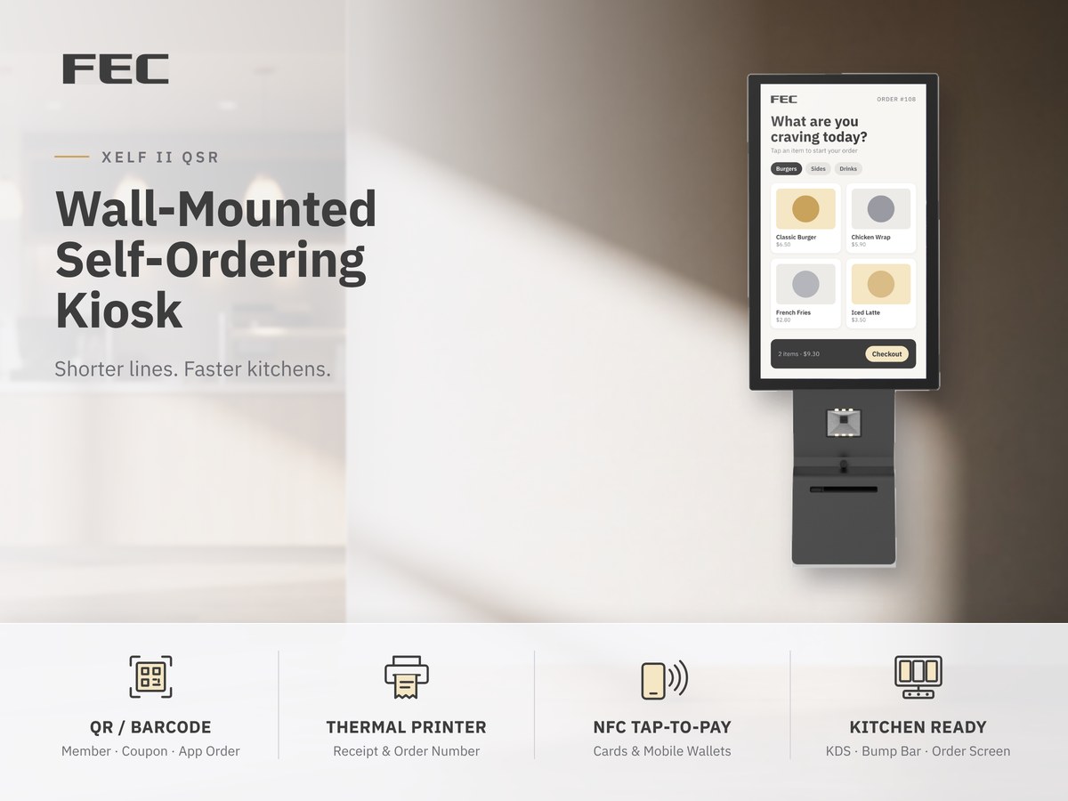XELF II wall-mounted self-ordering kiosk in a quick-service restaurant